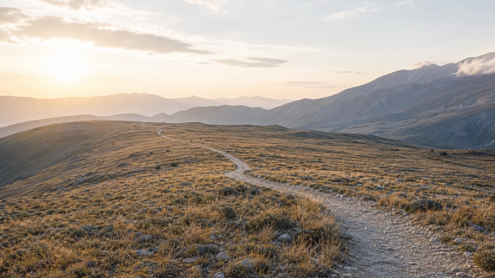 A mountain path at dawn, representing the long search for the teaching