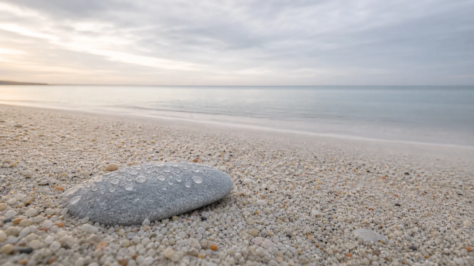 Fine sand, rain droplets, and a quiet sea, reflecting the sūtra’s images of uncountable vastness