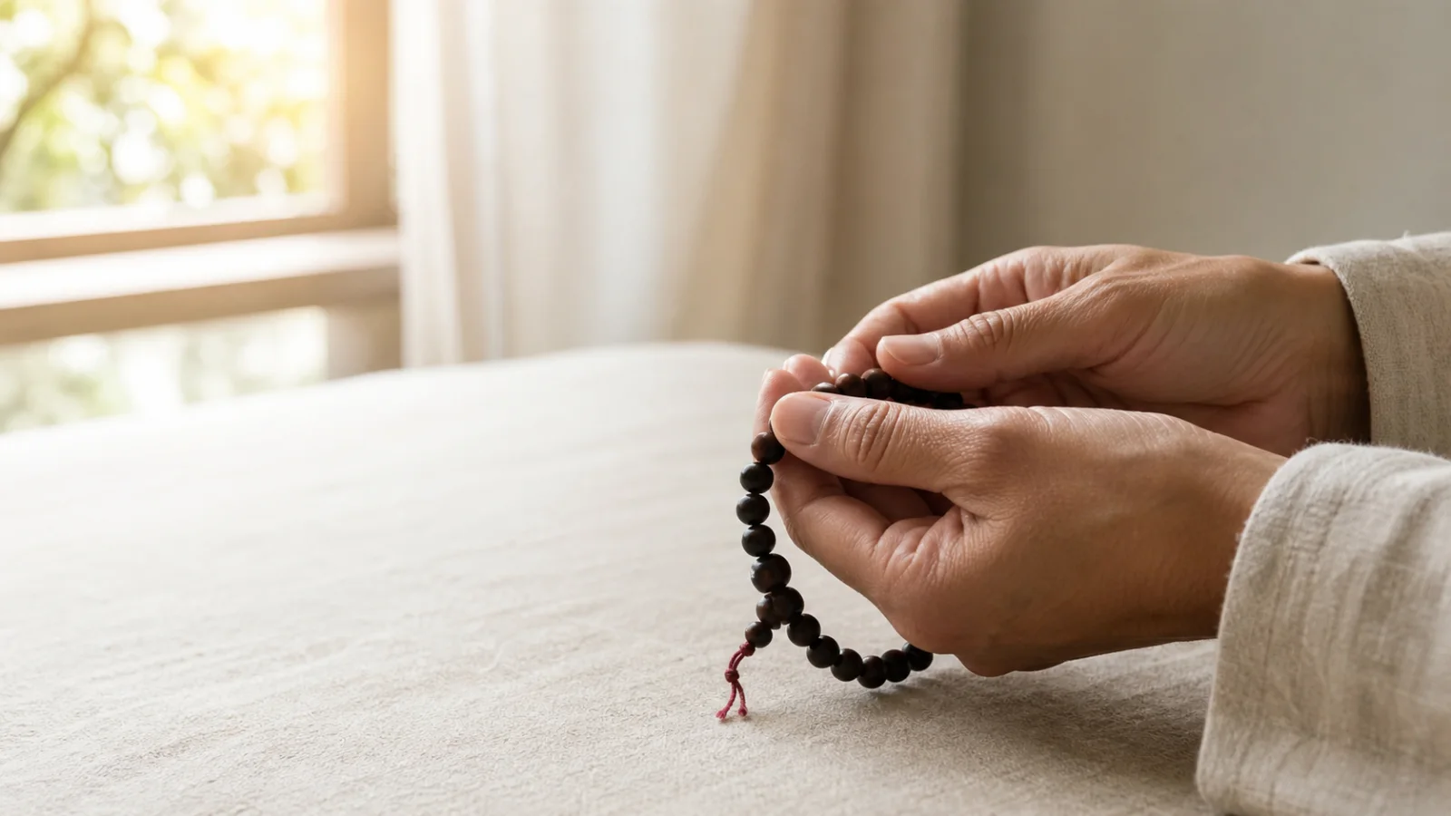 Two hands quietly holding prayer beads, representing steady recitation and compassionate intention