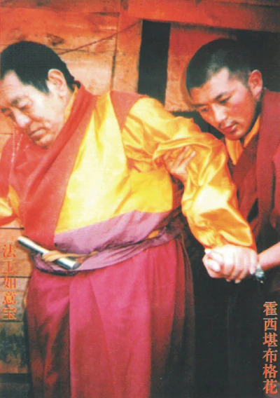 Jigme Phuntsok Rinpoche and Hor shul Khenpo Gelek Palsang Rinpoche stand indoors in monastic robes.
