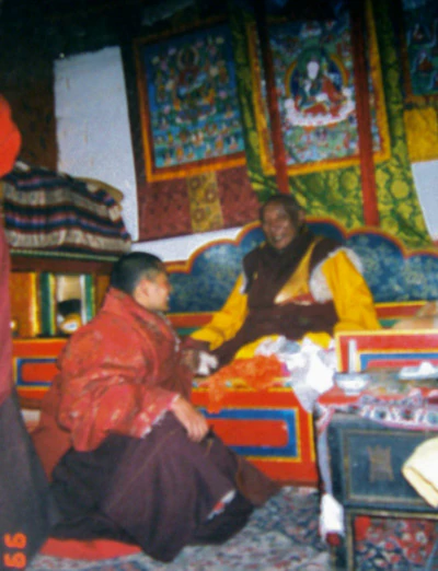 Hor shul Khenpo Gelek Palsang Rinpoche kneels before the seated Xigong Mazhi Rinpoche as they speak.