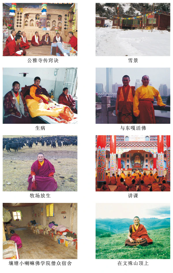 A composite of eight archival photographs showing monastery construction, snow, pasture yaks, a teaching, and distribution of supplies.