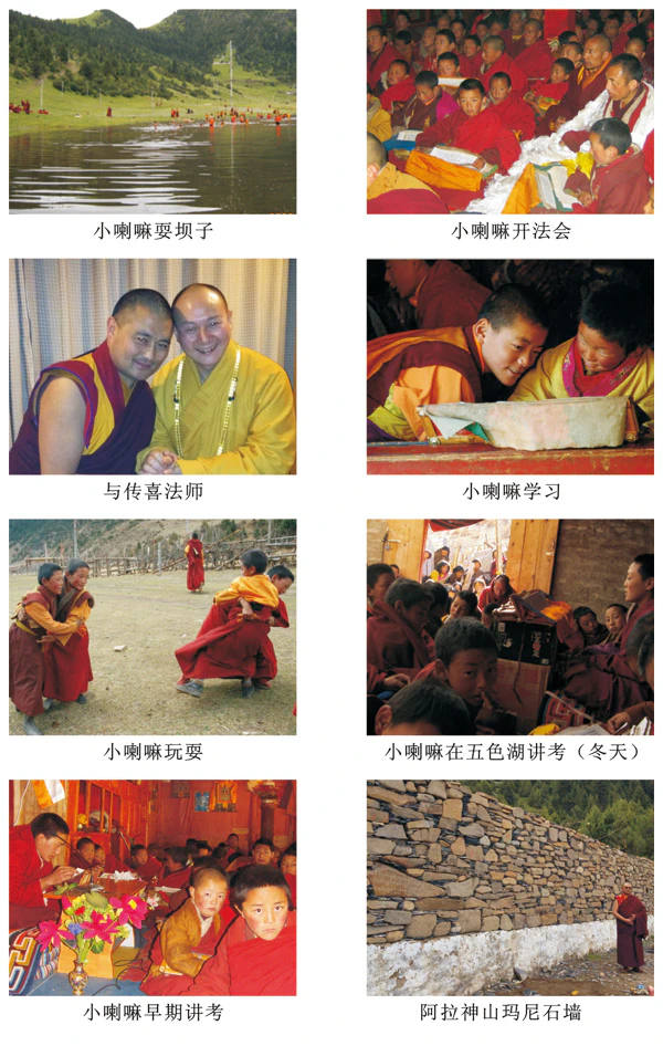 A composite of eight archival photographs showing a schoolyard, classes, meetings between monastics, study, dance, teachings, and a mani-stone wall.